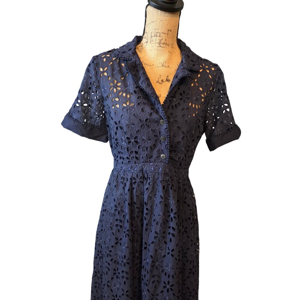 J Crew short sleeve Aline dress embroidered eyelet midi navy floral 10